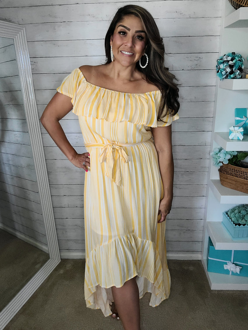 Yellow Stripe off the shoulder High Low