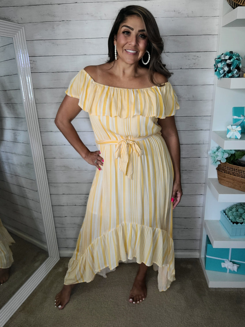 Yellow Stripe off the shoulder High Low