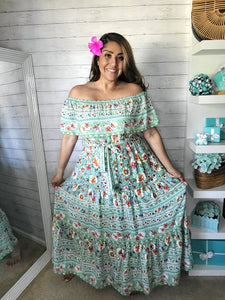 Teal Hawaii Vibes off the Shoulder Maxi Dress
