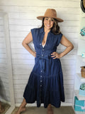 Belted Button Up Tiered Midi Denim Midi Dress