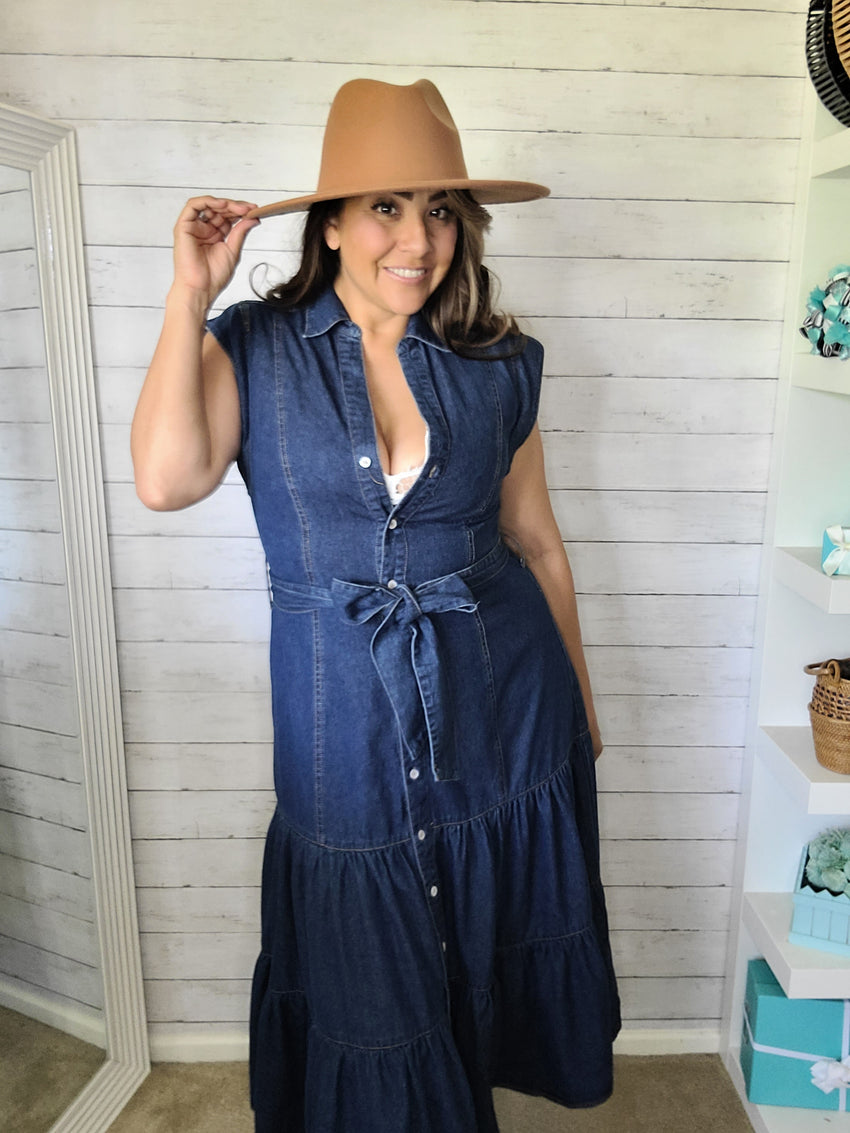 Belted Button Up Tiered Midi Denim Midi Dress