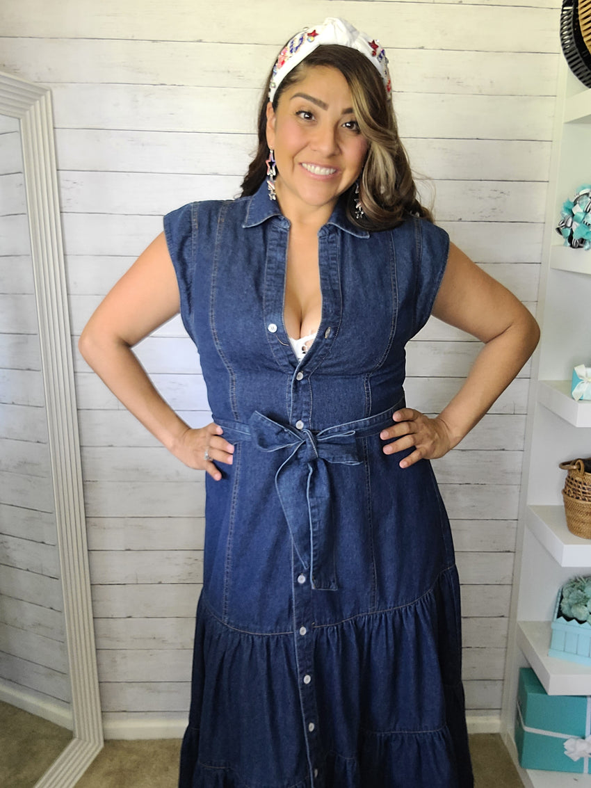 Belted Button Up Tiered Midi Denim Midi Dress