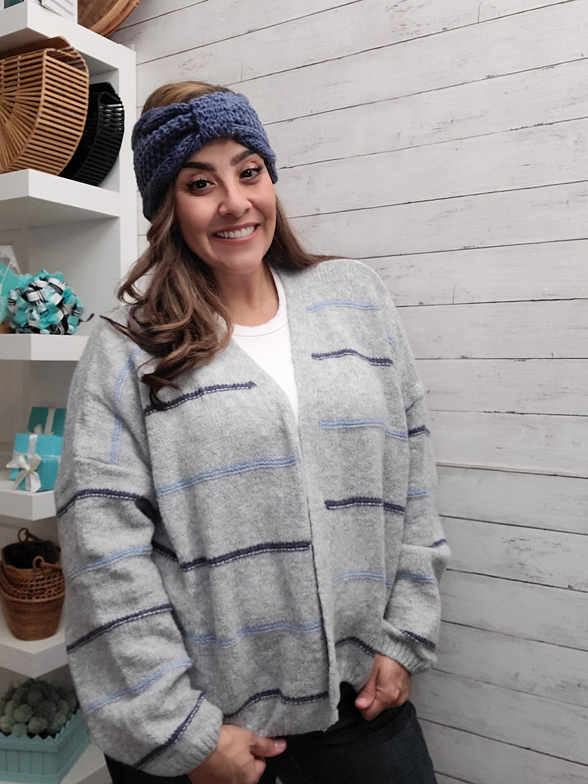 Grey with Navy Stripe Open Cardigan