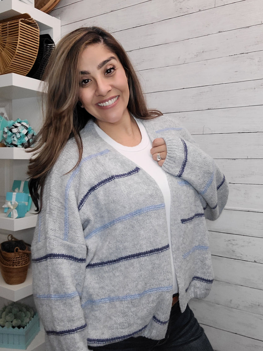 Grey with Navy Stripe Open Cardigan