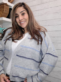 Grey with Navy Stripe Open Cardigan