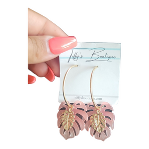 Pink Monstera Dangle Hoop Earrings