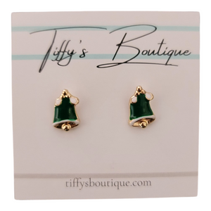 Green holiday bell stud earrings.