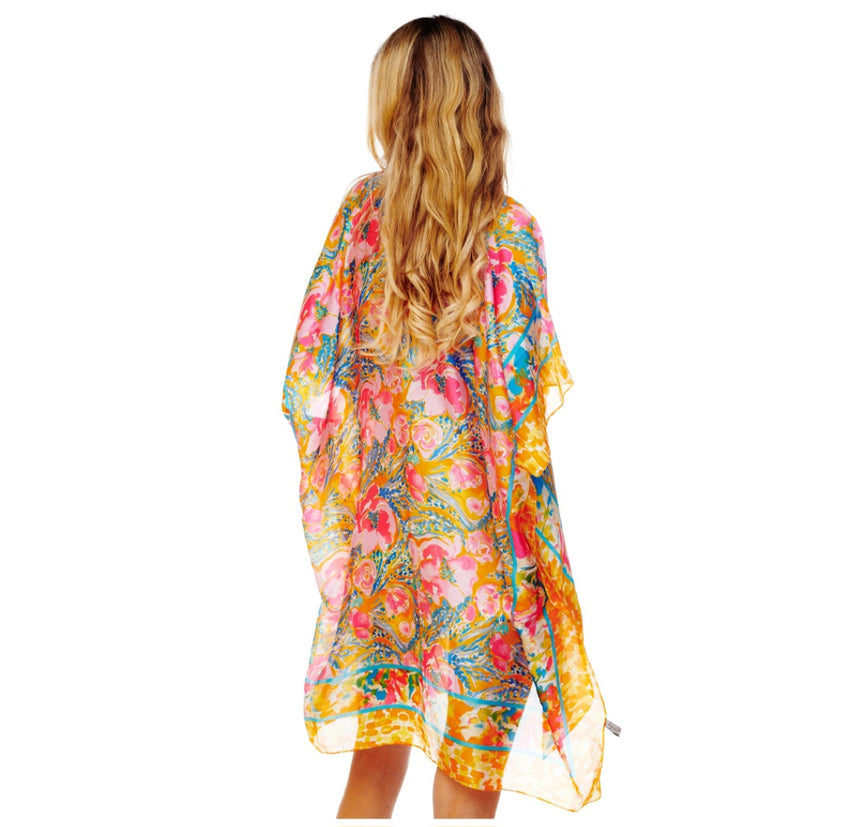 Orange Floral Printer Silky Kimono