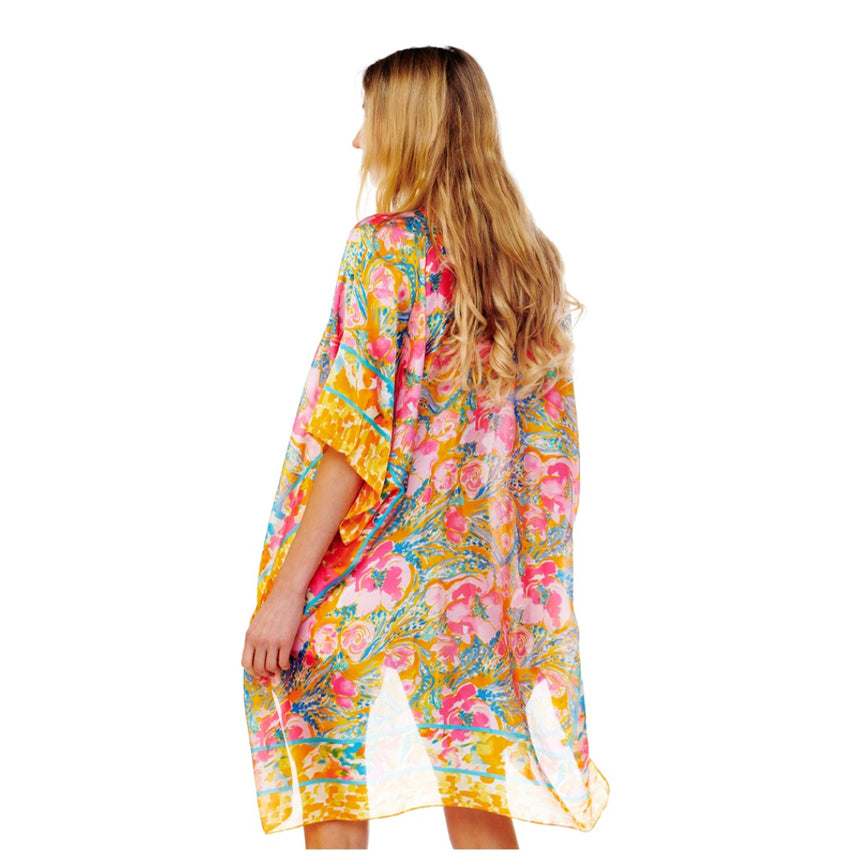 Orange Floral Printer Silky Kimono