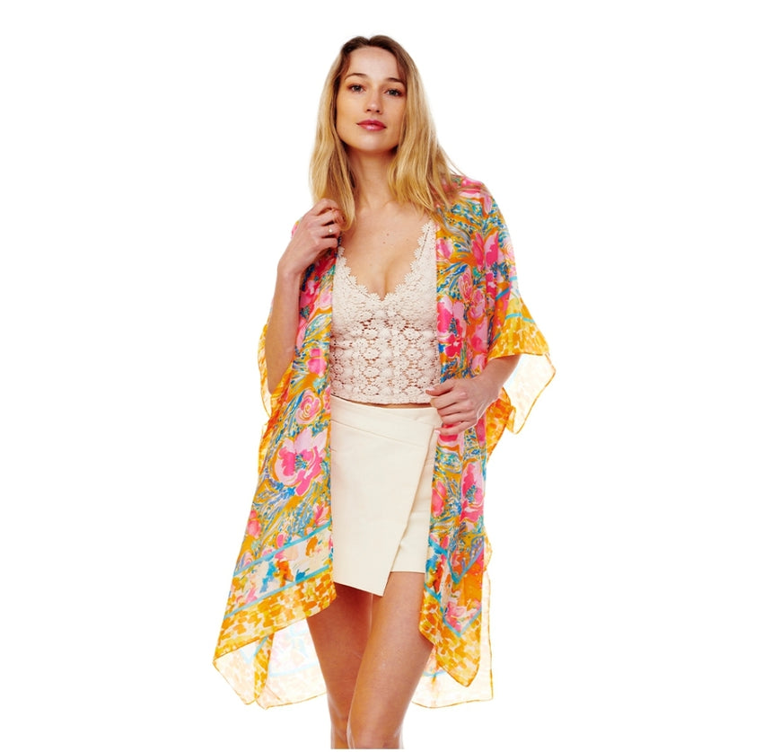 Orange Floral Printer Silky Kimono