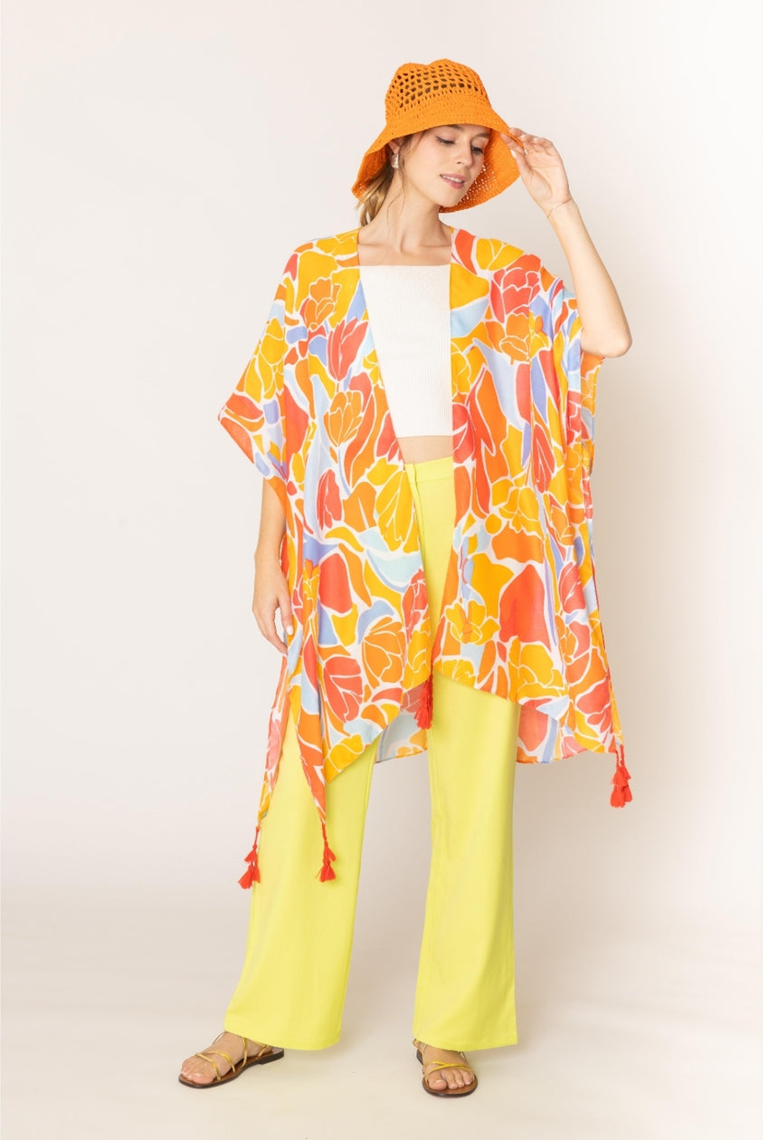 Orange Floral Print Kimono