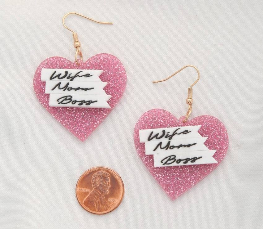 Wife Mom Boss Heart Dangle Earrings