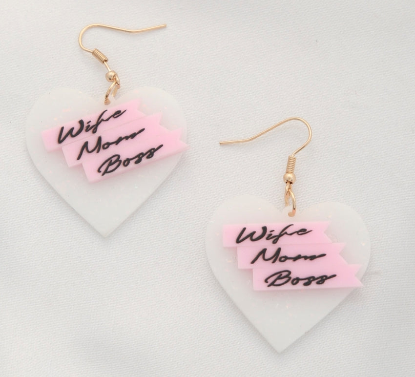 Wife Mom Boss Heart Dangle Earrings