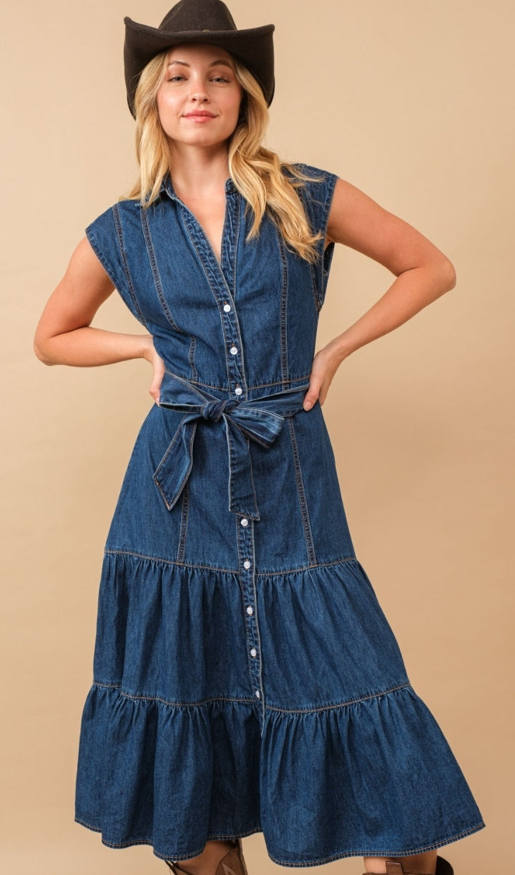 Belted Button Up Tiered Midi Denim Midi Dress