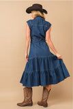 Belted Button Up Tiered Midi Denim Midi Dress