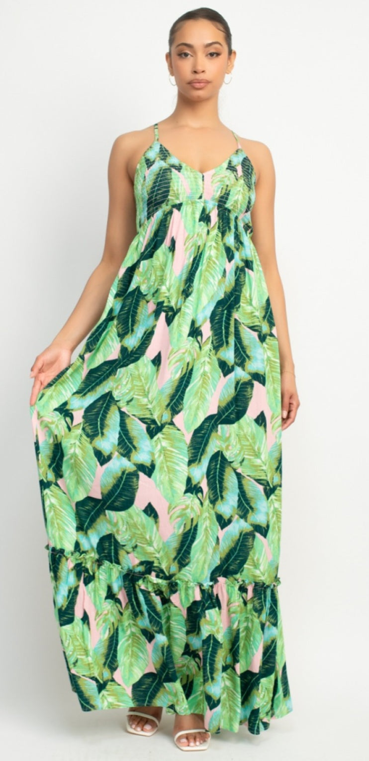 Tropical Cross Back Maxi Dress