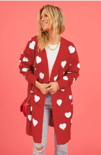 Valentine's Day Heart Print Knit Cardigan