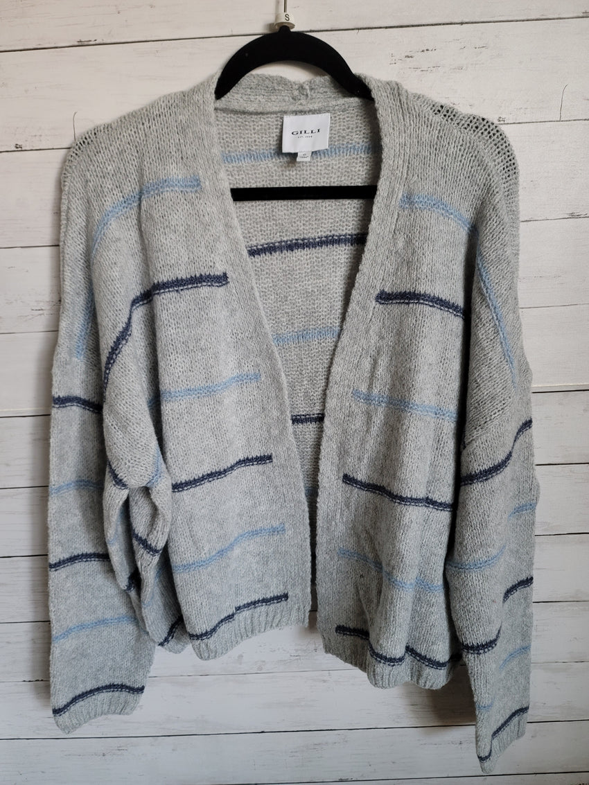 Grey with Navy Stripe Open Cardigan